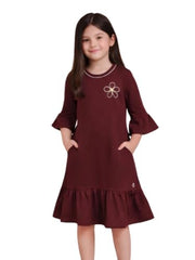 Girls Maroon Applique 3/4th Sleeve Dress
