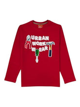 Gini and Jony boys' red graphic print cotton full-sleeve T-shirt for ages 3-4 years, featuring playful design and comfortable fit.