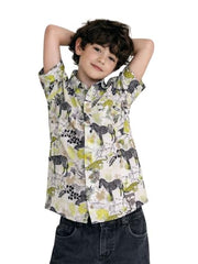 Boys White Tropical Print Half Sleeve Shirt