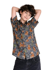 Boys Grey Tropical Print Half Sleeve Shirt