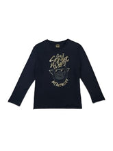 Gini and Jony navy blue girls' graphic cotton knit top with full sleeves for ages 3-4 years, suitable for casual wear.