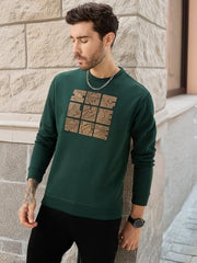 Status Quo Men's Chest Rubber Typography Print Full Sleeve Round Neck Fleece Sweatshirt | 60% Cotton 40% Polyester | Bottle Green | M Size