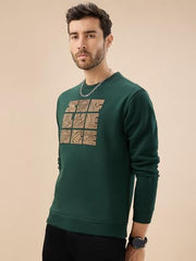 Status Quo Men's Chest Rubber Typography Print Full Sleeve Round Neck Fleece Sweatshirt | 60% Cotton 40% Polyester | Bottle Green | M Size