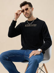 Status Quo Men's Solid Chest Typography Print Round Neck Full Sleeves Textured Sweatshirt | 99% Polyester 1% Lycra | Black | M Size