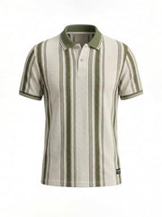 Status Quo men's olive striped textured polo t-shirt, long-sleeve upper casual wear with striped pattern and textured fabric.