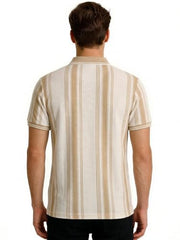 Status Quo Beige Striped Textured Polo T-Shirt