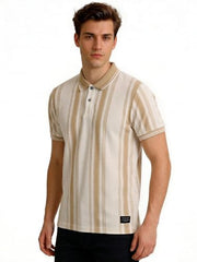 Status Quo Beige Striped Textured Polo T-Shirt