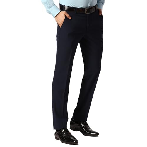 Park Avenue men's slim fit blue formal trouser showing front view, tailored fit, with belt loops and classic formal design.