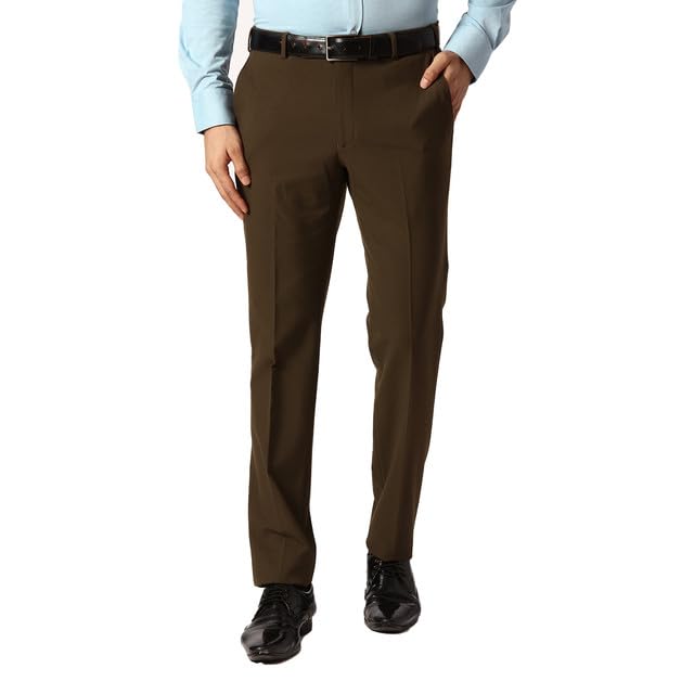 Park Avenue men's slim fit green formal trousers, neatly pressed, showing the tailored design and waistband details.