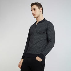 Parx Men Regular Fit Jacquard Pattern Cotton Polyester Blend Full Sleeve Polo Neck Casual T-Shirt (Size: 39)-XCKD00439-K8 Black