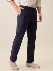 Colorplus Men Slim Fit Solid Piece Dyed Pattern Cotton Elastane Blend Flat Front Casual Trouser Blue