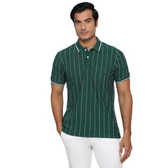 Colorplus Men Regular Fit Stripe Pattern Pure Cotton Half Sleeve Polo Neck Casual T-Shirt Medium Green