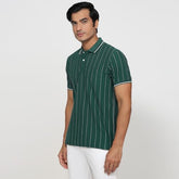Colorplus Men Regular Fit Stripe Pattern Pure Cotton Half Sleeve Polo Neck Casual T-Shirt Medium Green
