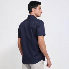 Colorplus Men Regular Fit Solid Pattern Cotton Linen Blend Plain Collar Half Sleeve Casual Shirt Dark Blue