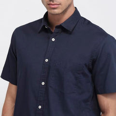 Colorplus Men Regular Fit Solid Pattern Cotton Linen Blend Plain Collar Half Sleeve Casual Shirt Dark Blue