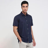 Colorplus Men Regular Fit Solid Pattern Cotton Linen Blend Plain Collar Half Sleeve Casual Shirt Dark Blue