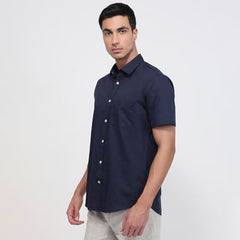 Colorplus Men Regular Fit Solid Pattern Cotton Linen Blend Plain Collar Half Sleeve Casual Shirt Dark Blue