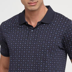 Dark blue Colorplus men's regular fit cotton polo t-shirt with print pattern, half sleeves and casual style.
