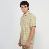 Colorplus Men Regular Fit Checks Pattern Pure Cotton Plain Collar Half Sleeve Tail Bottom Hem Casual Shirt Medium Fawn