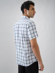 Colorplus Men Regular Fit Checks Pattern Pure Cotton Plain Collar Half Sleeve Tail Bottom Hem Casual Shirt White