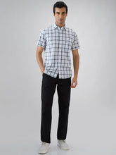 Colorplus Men Regular Fit Checks Pattern Pure Cotton Plain Collar Half Sleeve Tail Bottom Hem Casual Shirt White