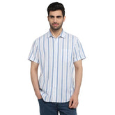 Colorplus Men Regular Fit Stripe Pattern Pure Cotton Plain Collar Half Sleeve Tail Bottom Hem Casual Shirt Medium Blue