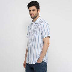 Colorplus Men Regular Fit Stripe Pattern Pure Cotton Plain Collar Half Sleeve Tail Bottom Hem Casual Shirt Medium Blue