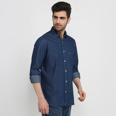 Colorplus Men Regular Fit Solid Pattern Pure Cotton Plain Collar Half Sleeve Straight Hem Casual Shirt Dark Indigo