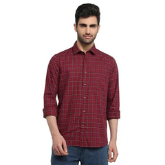 Colorplus Men Regular Fit Checks Pattern Pure Cotton Plain Collar Full Sleeve Tail Bottom Hem Casual Shirt Dark Maroon