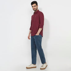 Colorplus Men Regular Fit Checks Pattern Pure Cotton Plain Collar Full Sleeve Tail Bottom Hem Casual Shirt Dark Maroon