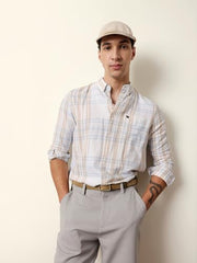 THE BEAR HOUSE Mens Checked Casual Full-Sleeve Shirt | Button-Down Collar | Modern Fit | Stylish Everyday Wear White