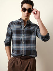 THE BEAR HOUSE Mens Checked Casual Full-Sleeve Shirt | Button-Down Collar | Modern Fit | Stylish Everyday Wear Blue