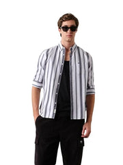 THE BEAR HOUSE Men Cotton Woven Striped Slim Fit Casual Shirt White