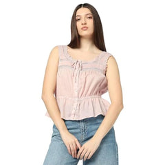 Women Lace Peplum Top, Pink, S