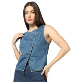Women Asymmetric Relaxed Round Neck Top, Medium Blue, L