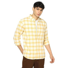 Men Checks Button Down Collar Shirt, Yellow, L