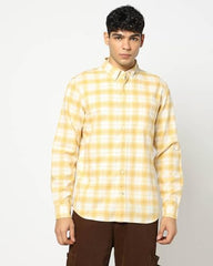 Men Checks Button Down Collar Shirt, Yellow, L