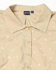 GAP Women Embroidered Regular Fit Stylised Collared Neck top,Khaki,L