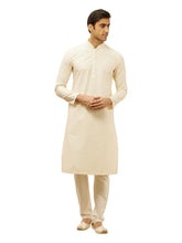 Manyavar Mens Cream Blended Viscose Self Design Kurta Pyjama Set