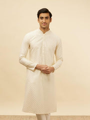 Manyavar Mens Cream Blended Viscose Self Design Kurta Pyjama Set