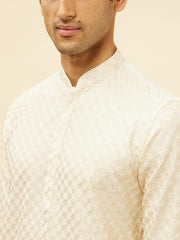 Manyavar Mens Cream Blended Viscose Self Design Kurta Pyjama Set