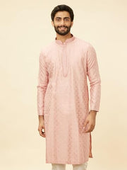 Manyavar Men's Pink Blended Viscose Self Design Kurta Pyjama Set