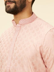 Manyavar Men's Pink Blended Viscose Self Design Kurta Pyjama Set