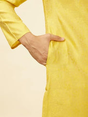 Manyavar men's mustard blended viscose kurta pyjama set with self-design, XXL size, traditional ethnic attire for men.