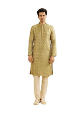 Manyavar men's green brocade self-design kurta set with matching pajama, traditional ethnic Indian attire for men.