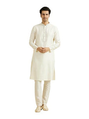 Manyavar Men's Viscose Blend Self Design Kurta Pyjama Set (Warm White,XXL)