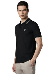 Louis Philippe Men Black Solid Polo Neck T-Shirt