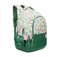 Skybags Stella 37L Green Floral Print Casual Backpack for Girls with 3 Compartments & Adjustable Shoulder Strap | 16 Inch Padded Laptop Sleeve | Detachable Happy Pouch | Perfect for School & Travel