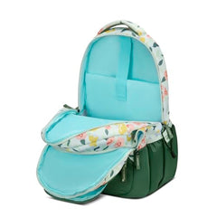 Skybags Stella 37L Green Floral Print Casual Backpack for Girls with 3 Compartments & Adjustable Shoulder Strap | 16 Inch Padded Laptop Sleeve | Detachable Happy Pouch | Perfect for School & Travel