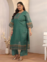 Extra Love By Libas Embellished Silk Blend Straight Kurta With Trousers With Dupatta (500494-3XL)
